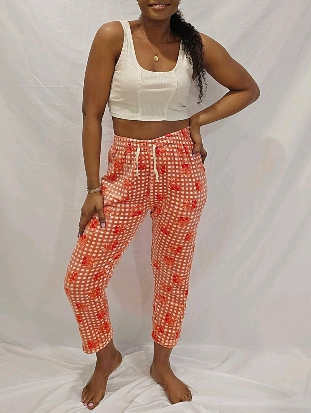 Women's Coral Gingham Floral Drawstring Pants